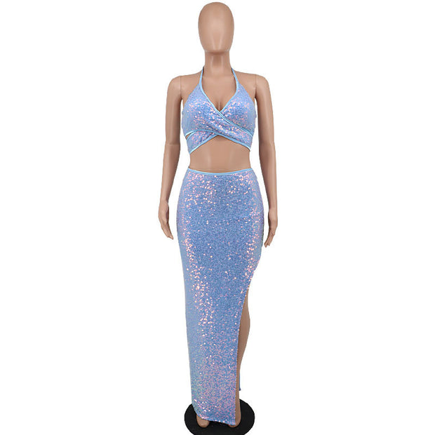 Women's Two-Piece Halter Slit Sequin Dress