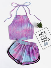 Tie-Dye Gradient Halter Crop Top and Shorts Set