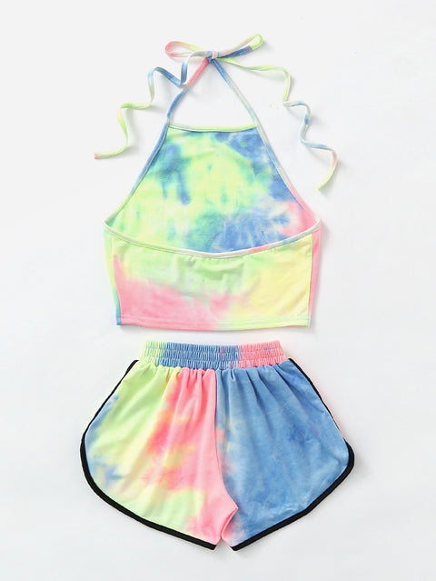 Tie-Dye Gradient Halter Crop Top and Shorts Set