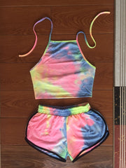 Tie-Dye Gradient Halter Crop Top and Shorts Set