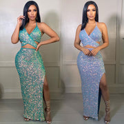 Women's Two-Piece Halter Slit Sequin Dress