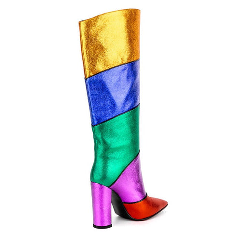 Patchwork Rainbow Knee High Boots