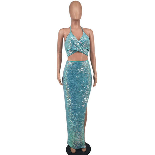 Women's Two-Piece Halter Slit Sequin Dress