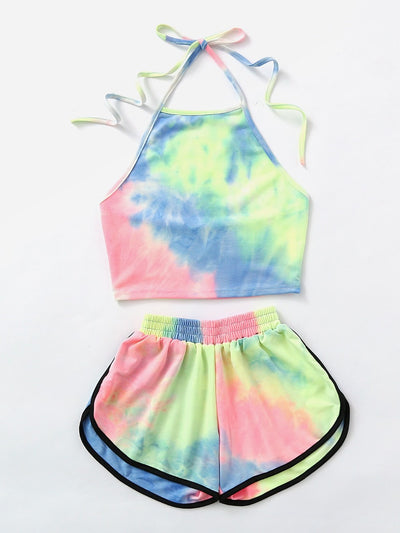 Tie-Dye Gradient Halter Crop Top and Shorts Set