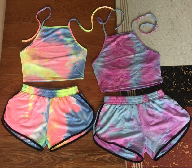 Tie-Dye Gradient Halter Crop Top and Shorts Set