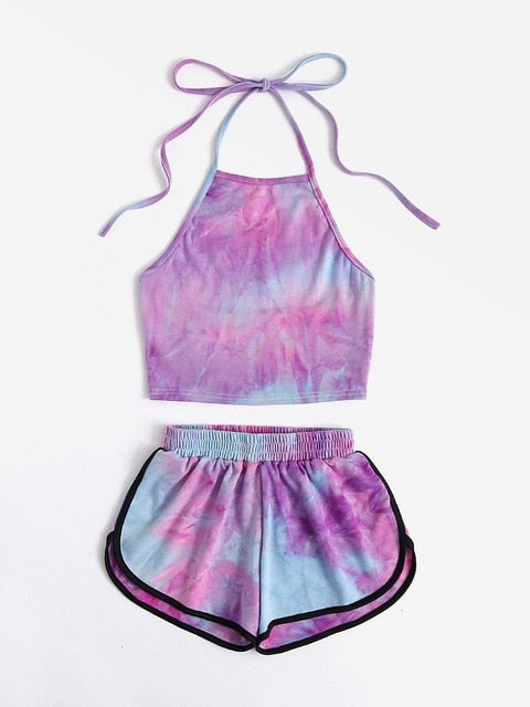 Tie-Dye Gradient Halter Crop Top and Shorts Set