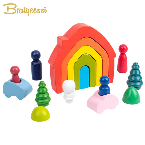 Rainbow Educational Wooden Toys Montessori Creative Building Blocks